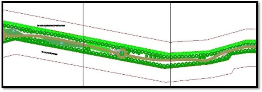Engineering design of the Manohara River Corridor: a planted green strip running either side of a path along the river, marked out in plan view.